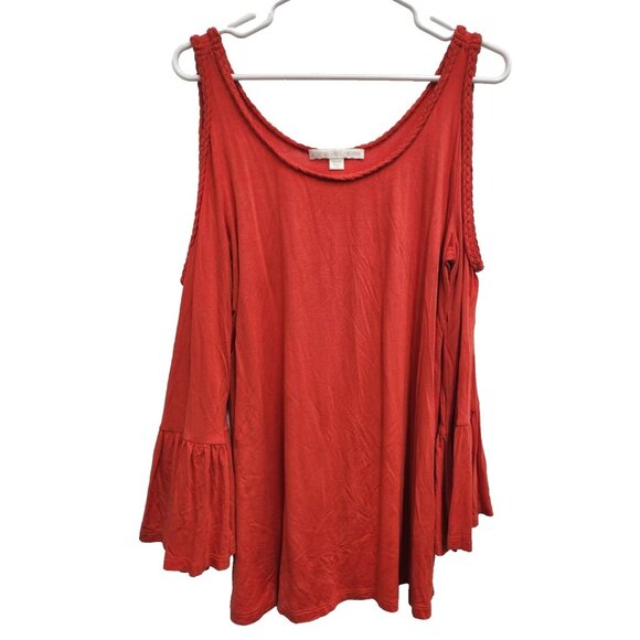 Boston Proper Tunic Top Womens Medium Red Cold Shoulder Bell Sleeve BOHO Holiday - Picture 2 of 11